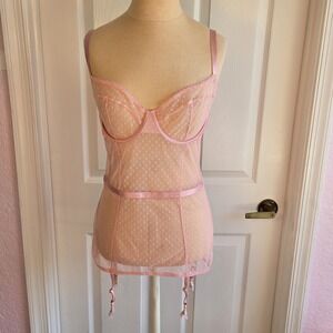 Victoria's Secret Swiss Dot Sheer Corset Lingerie Bustier‎ Garters Pink Size L